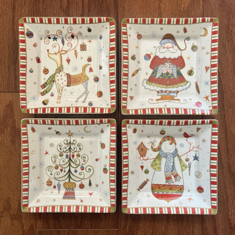 222 Fifth Christmas Plates Set of‎ 4 Square Whimsical Folk Art- Style